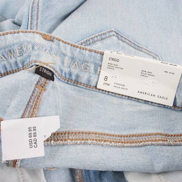 NEW American Eagle Strigid Indigo Light Wash Distressed Mom Jeans Womens Sz 8 - Picture 11 of 12